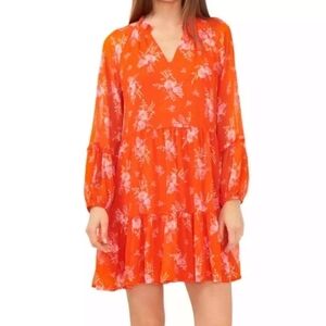 Vince Camuto Orange/Pink Floral Boho Tiered Tunic Dress Size Small